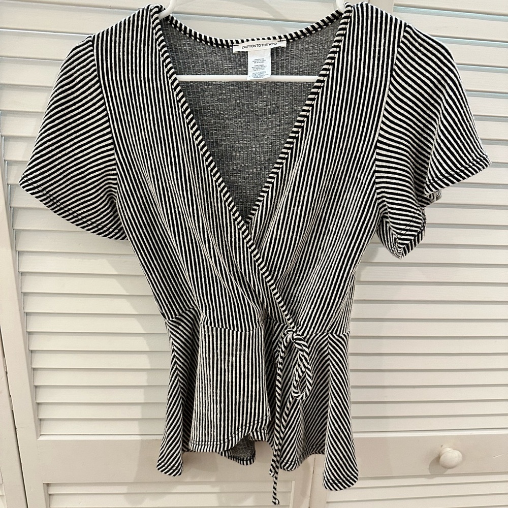 Caution to the Wind Striped V-neck Wrap Shirt with Front Tie